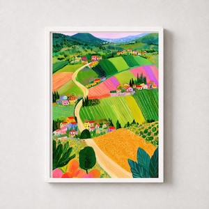Estampado digital de paisaje rural acolchado: campos coloridos, pueblos y montañas lejanas.