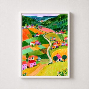 Kleurrijke boerenweg digitale print - Patchworkvelden en bergdorp