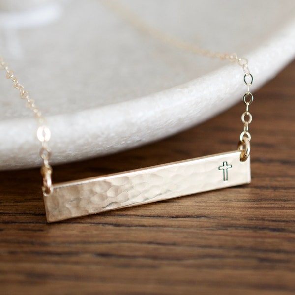 Cross Necklace - Sterling, 14kt Gold Fill, Rose Gold - Custom Stamped Bar Necklace