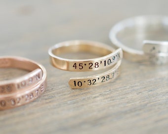 Coordinates Wrap Ring - Sterling Silver, Gold Filled, Rose Gold Filled Ring - Latitude Longitude Ring