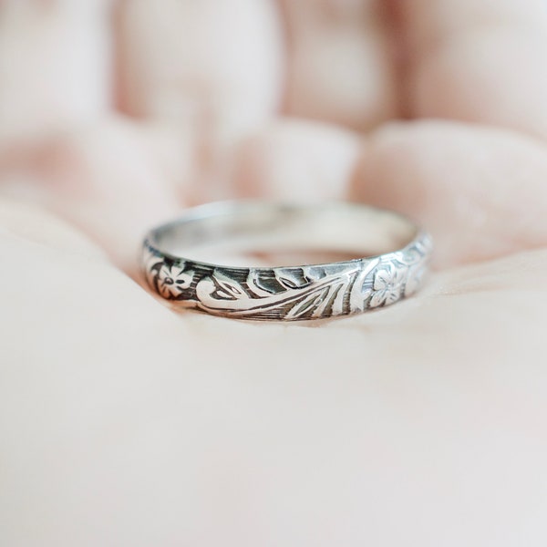 Floral Ring - Sterling Silver Ring - Floral Band - Darkened