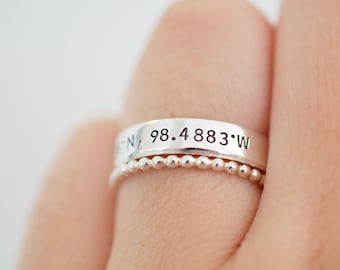 Coordinates Ring - Sterling Silver Ring - Latitude Longitude Ring - Gift for Her