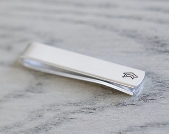 Graduation Cap Tie Clip - Hand stamped Grad Tie Clip