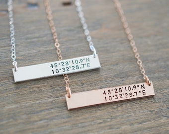 Coordinates Bar Necklace - Sterling, 14kt Gold Fill, Rose Gold - Latitude Longitude Necklace