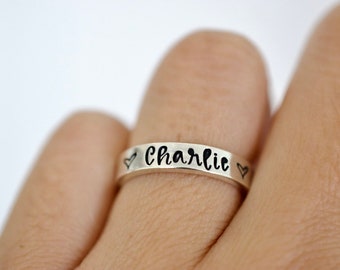 Name and Hearts Ring - Sterling Silver Ring - Gifts for Her