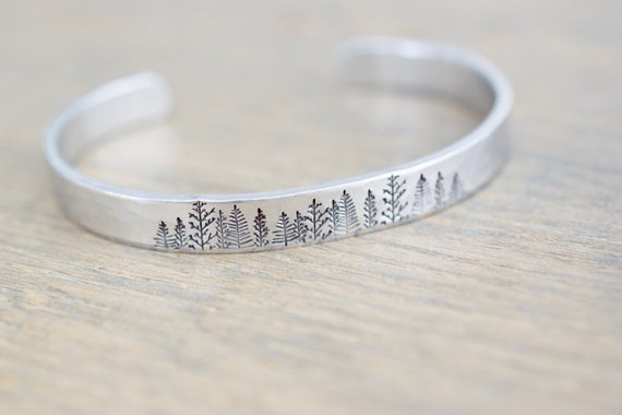 Personalized Bracelet Mountains and Trees Sterling Silver Cuff Bracelet Sieraden Armbanden Manchetarmbanden 