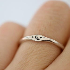 Moon and Stars Ring - Sterling Stacking Ring - Signet Ring