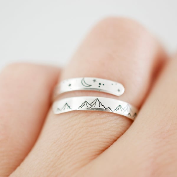 Mountain Wrap Ring - Sterling Silver Ring - Moon and Stars Ring