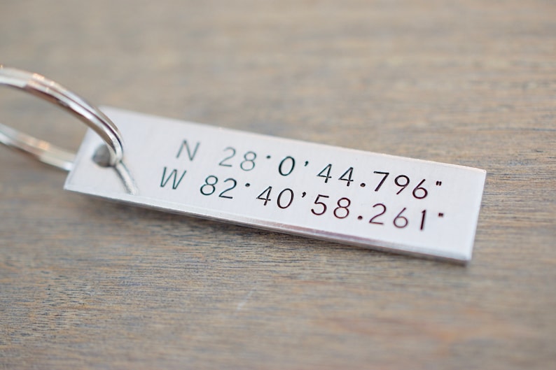 Latitude and Longitude Keychain Custom Coordinate Keychain Hand stamped Accessory image 1