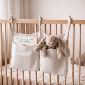 Handcrafted Linen Baby Bedside Organizer, Crib Hanging Storage Bag, Nursery Essentials