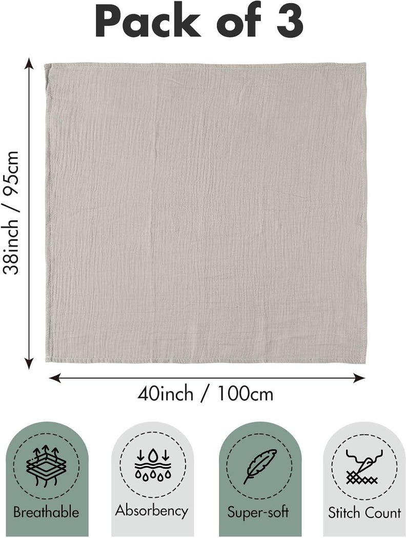 K&ouml;nnte beinhalten: Drei beige Stoffquadrate, jeweils 100 cm x 95 cm gro&szlig;. Die Abbildung zeigt die Ma&szlig;e in Zoll und Zentimetern. Symbole weisen auf Atmungsaktivit&auml;t, Saugf&auml;higkeit, Weichheit und die Stichzahl hin.