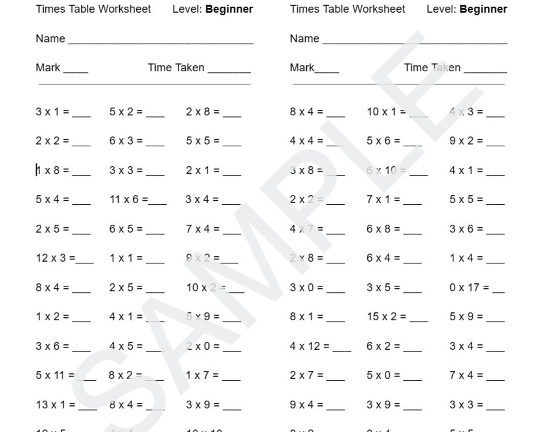 Maths Times Table Worksheet With Answers - Beginner - Etsy