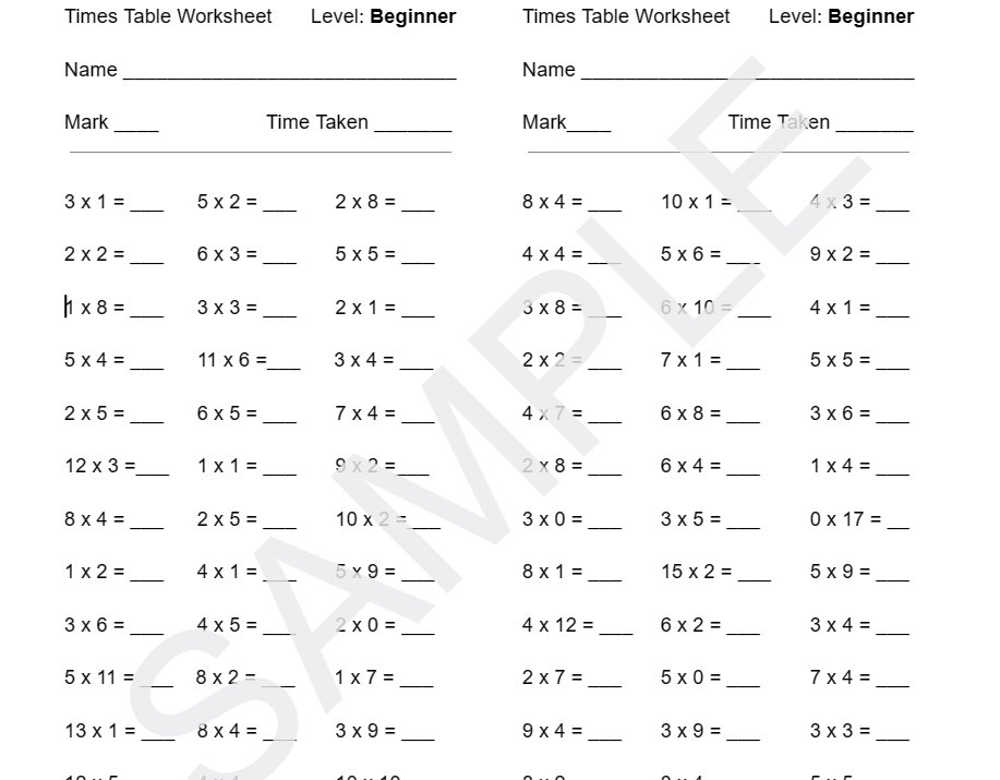 Maths Times Table Worksheet With Answers - Beginner - Etsy