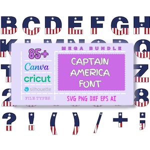 Puede incluir: Una fuente digital que presenta las letras del alfabeto, los números y los signos de puntuación en un diseño de bandera estadounidense rojo, blanco y azul. La fuente se llama "Captain America Font" y está disponible en los formatos SVG, PNG, DXF, EPS y AI. La fuente es compatible con Canva, Cricut y Silhouette.