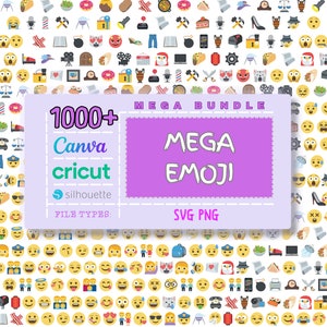 May include: A purple and white graphic with the text "1000+ MEGA BUNDLE MEGA EMOJI FILE TYPES: SVG PNG" and a background of a grid of colorful emoji icons.