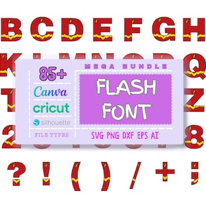 Può includere: Un set di caratteri digitali con lettere, numeri e simboli rossi con accenti a forma di fulmine gialli. L'immagine include uno striscione con la scritta "FLASH FONT" e "85+ MEGA BUNDLE". I tipi di file includono SVG, PNG, DXF, EPS e AI.