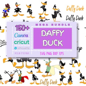 以下が含まれることがあります： Cricut、Silhouette、Canva で使用できる 150 以上の Daffy Duck SVG、PNG、DXF、EPS ファイルのデジタルダウンロード。画像は、黒と黄色の Daffy Duck のさまざまなポーズを示しています。