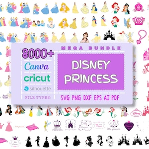 MEGA Cartoon Princess Svg Bundle, Svg, Png, Dxf, Eps, Ai,Pdf, Mickey Princess Svg, Cricut, Layered, Silhouette, Cinderella, Aurora and more.