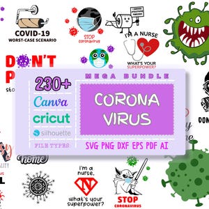 Könnte beinhalten: Ein digitaler Download von über 230 SVG-, PNG-, DXF-, EPS-, PDF- und AI-Dateien mit verschiedenen Designs zum Thema Coronavirus-Pandemie. Die Designs beinhalten Text, Illustrationen und Figuren, wie z. B. eine Krankenschwester, ein Monster und eine Figur aus Star Wars.