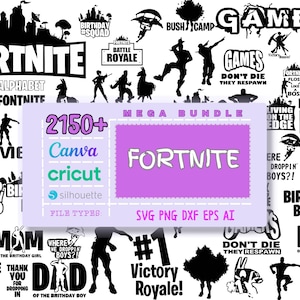 May include: A collection of black and white Fortnite-themed graphics, including text and silhouettes. The image features phrases like "Gamer," "Victory Royale," and "Birthday Squad," along with the word "Fortnite" in various designs. Includes file types: SVG, PNG, DXF, EPS, and AI.