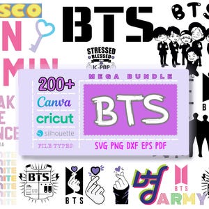 Op de afbeelding: Een digitale download van meer dan 200 BTS-thema SVG-, PNG-, DXF-, EPS- en PDF-bestanden. De bestanden zijn compatibel met Cricut, Silhouette en Canva. De afbeelding bevat een verscheidenheid aan ontwerpen, waaronder het BTS-logo, de namen van de bandleden en songteksten uit hun nummers.