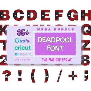 Może przedstawiać: Czerwono-czarny alfabet czcionki Deadpool z ponad 85 znakami, liczbami i symbolami. Czcionka jest przeznaczona do użytku z Cricut, Canva i Silhouette. Typy plików obejmują SVG, PNG, DXF, EPS i AI.