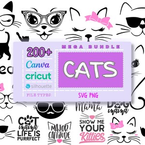 May include: A digital download of 200+ cat SVG files for use in Cricut, Canva, and Silhouette. The image shows a variety of cat designs, including a paw print, a cat with sunglasses, and a cat with a bow. The text "MEGA BUNDLE" and "CATS" is displayed in a purple box.