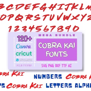 Descarga digital de la fuente SVG Cobra Kai / Instalación con un solo clic / Fuente personalizada con temática de karate, alfabeto, letras y números.