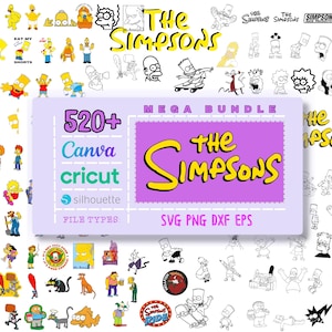 Può includere: Un download digitale di oltre 520 file The Simpsons SVG, PNG, DXF ed EPS. L'immagine mostra una varietà di personaggi dello show, tra cui Homer, Marge, Bart, Lisa e Maggie. Il testo "520+ The Simpsons Mega Bundle" è visualizzato in una casella viola con testo giallo.