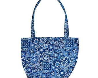 Blue Bandana Tote Bag | Quilted Cotton Totes | Handmade Shoulder Bags