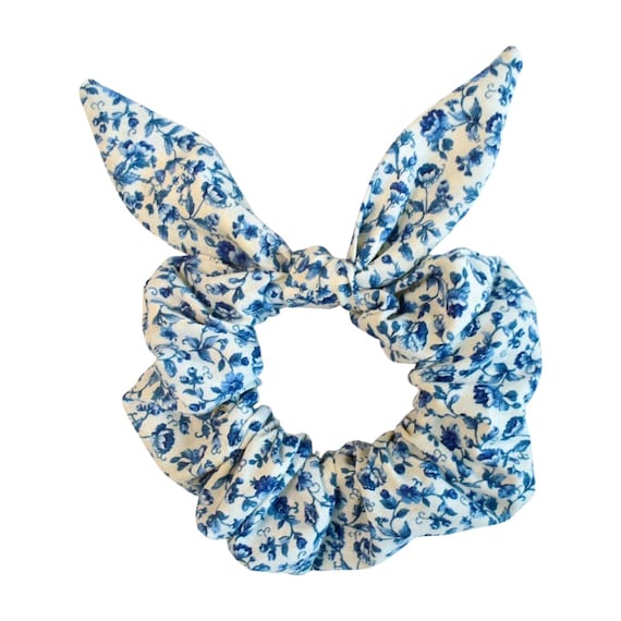 Blue and White Floral Scrunchie | Handmade Cotton Hair Scrunchies | Gifts for her