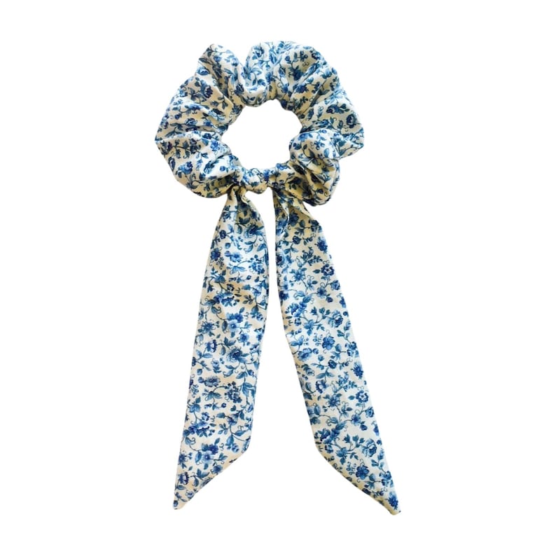 Blue and White Floral Scrunchie | Handmade Cotton Hair Scrunchies | Gifts for her image 2