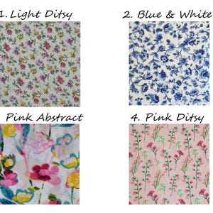 May include: Four fabric swatches with floral patterns. The top left swatch is labeled "1. Light Ditsy" with a cream background and small flowers in pink, yellow, and purple. The top right swatch, "2. Blue & White," features a blue floral pattern on a white background. The bottom left swatch, "3. Pink Abstract," has a watercolor-style floral design in pink, yellow, and blue. The bottom right swatch, "4. Pink Ditsy," displays a pink floral pattern on a light pink background.
