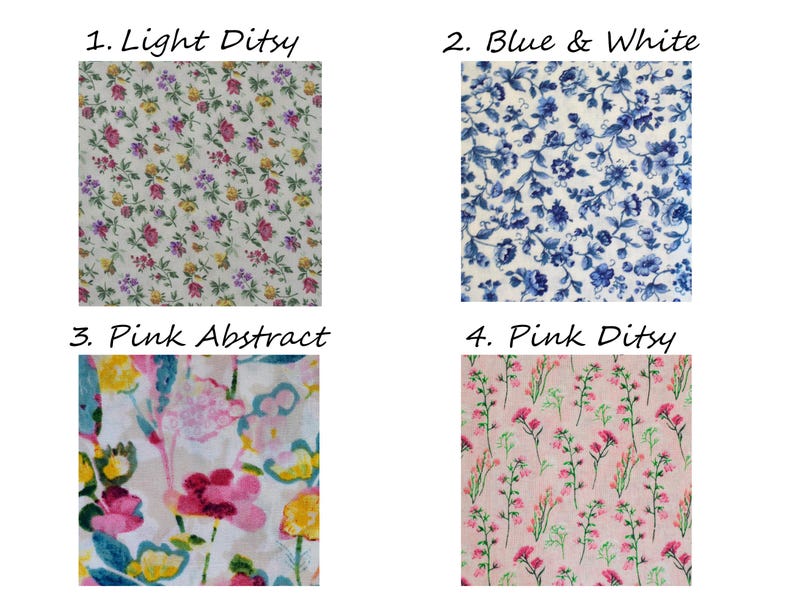 May include: Four fabric swatches with floral patterns. The top left swatch is labeled "1. Light Ditsy" with a cream background and small flowers in pink, yellow, and purple. The top right swatch, "2. Blue & White," features a blue floral pattern on a white background. The bottom left swatch, "3. Pink Abstract," has a watercolor-style floral design in pink, yellow, and blue. The bottom right swatch, "4. Pink Ditsy," displays a pink floral pattern on a light pink background.