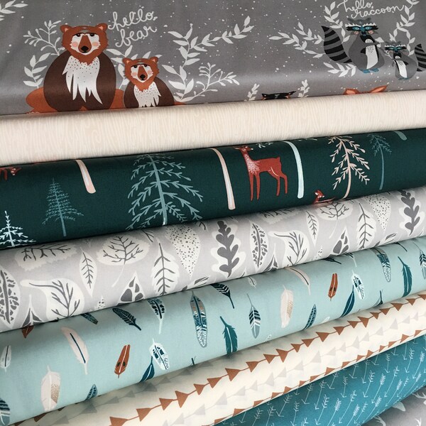 Patchwork Quilt Fabric, Cotton Fabric, Woodland Nursery Fabric, Deer, Baby Shower Gift, Hello Bear Fabric Bundle of 8, Choose the Cut