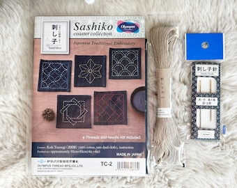 Sashiko Coaster kit, Slow stitching kit, great gift for cross-stitch or embroidery lovers. Sashiko cloth, Japanese thread, Japanese needles