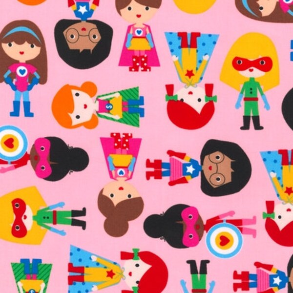 Super kids superhero quilt or craft fabric by Ann Kelle for Robert Kaufman- Fat quarter of Super Girls in Adventure Pink