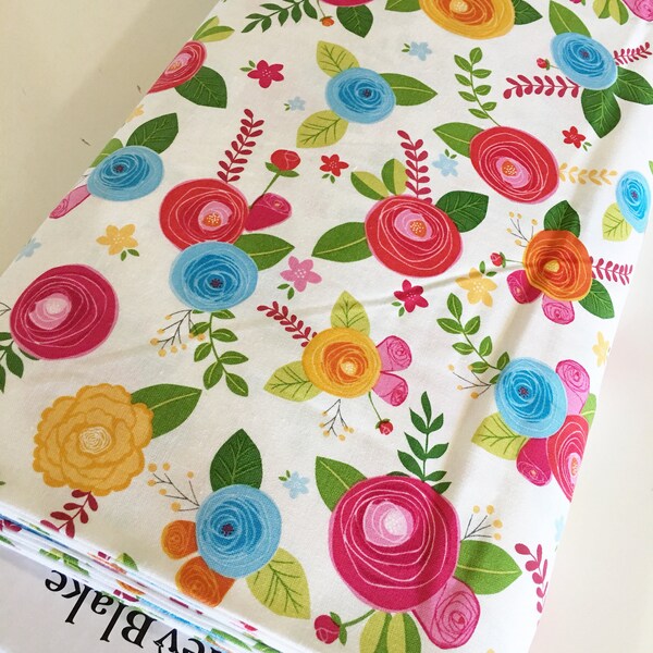 Fabric by the Yard, Simply Happy Floral Fabric, Cute Fabric, Girl Quilt Fabric, Simply Main in White, choose the cut