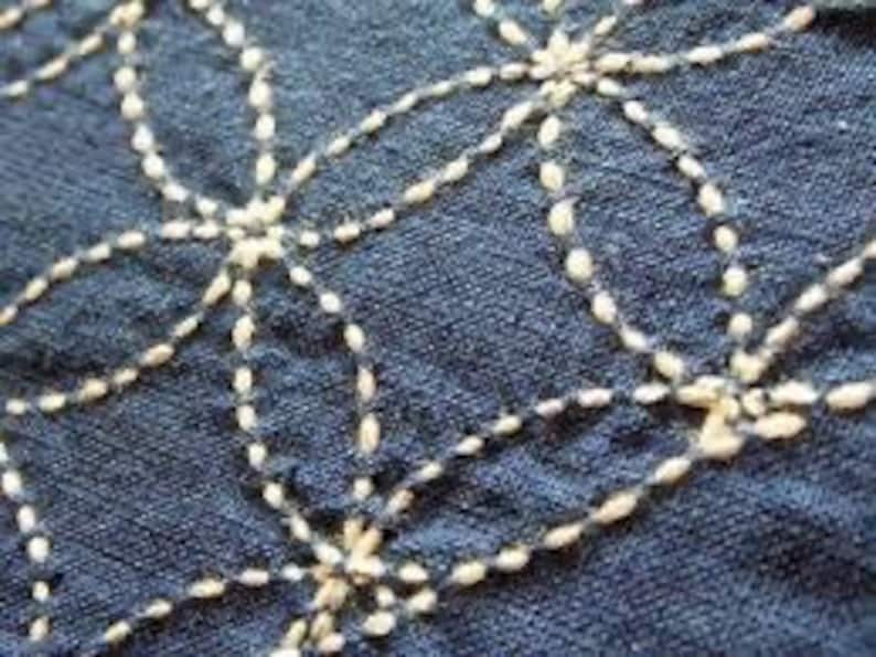 K&ouml;nnte beinhalten: Nahaufnahme eines blauen Stoffes mit wei&szlig;en N&auml;hten in einem sich wiederholenden geometrischen Muster. Die N&auml;hte bilden eine Reihe von Kreisen und Sternformen.