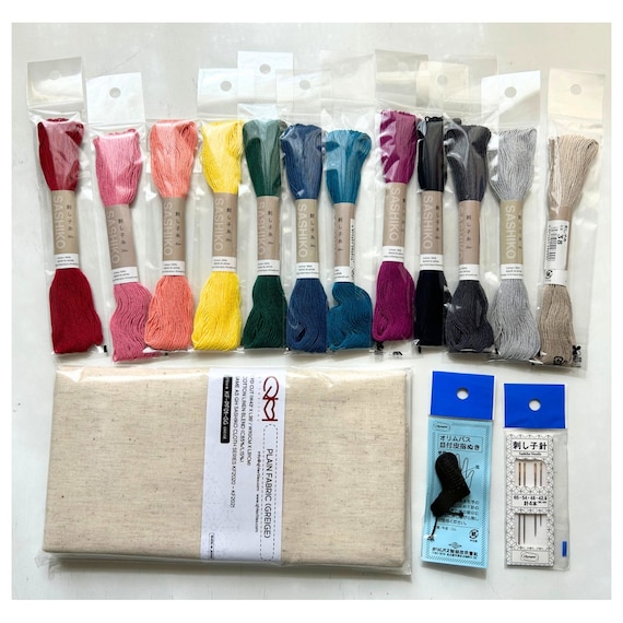Sashiko kit, Slow stitching kit, visible mending kit, great gift for cross-stitch or embroidery lovers. Sashiko cloth, Japanese thread