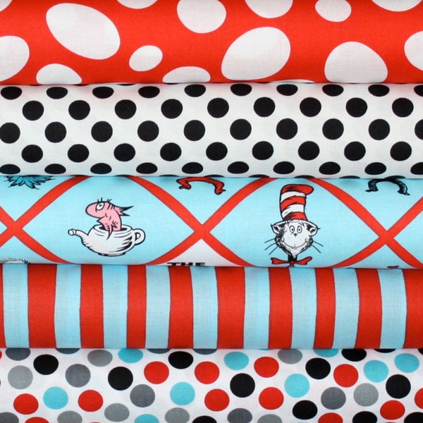 Dr Seuss  Cat in the Hat Fabric by Robert Kaufman- 1/2 Yard Bundle, 5 total