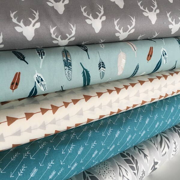Baby Shower Gift Fabric, Woodland Nursery Decor, Adventure, Deer, Feather, Art Gallery, Hello Bear Fabric Bundle of 5- You Choose the Cuts