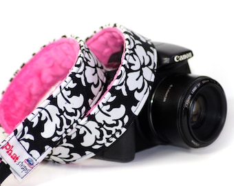 Damask Camera Strap, Dandy Damask with Hot Pink Minky