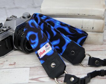 Custom Camera Strap | Flames Camera Strap | Handmade Strap with Lining | Padded Camera Strap for DSLR Cameras | Blue Flames