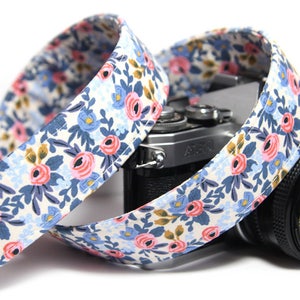 Floral Camera Strap | Custom Camera Stap | DSLR Camera Strap | Rifle Paper Co Les Fleurs, Rosa in Periwinkle