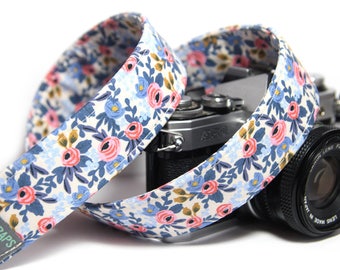 Floral Camera Strap, Rifle Paper Co Les Fleurs, Rosa in Periwinkle