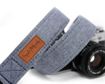 Blue Herringbone Camera Strap | Personalized Camera Strap | Navy Herringbone