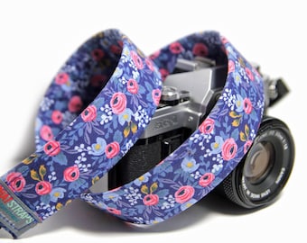 Floral Camera Strap, Rifle Paper Co, Blue and Pink Camera Strap for DSLR - Rosa in Navy