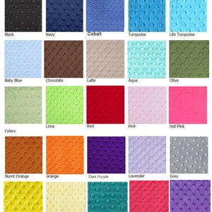 May include: A chart of 25 different colors of minky fabric. The fabric has a textured, dotted pattern. The colors include black, navy, cobalt, turquoise, lite turquoise, baby blue, chocolate, latte, aqua, olive, celery, lime, red, pink, hot pink, burnt orange, orange, dark purple, lavender, grey, yellow, pale yellow, teal, watermelon, and medium purple.