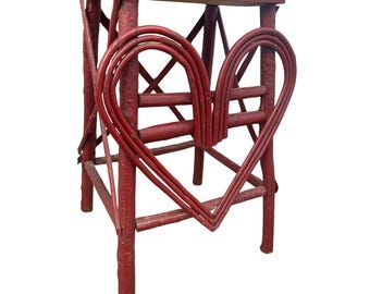 Adirondack Twig Plant Heart Stand, Vintage Occasional Table, Primitive